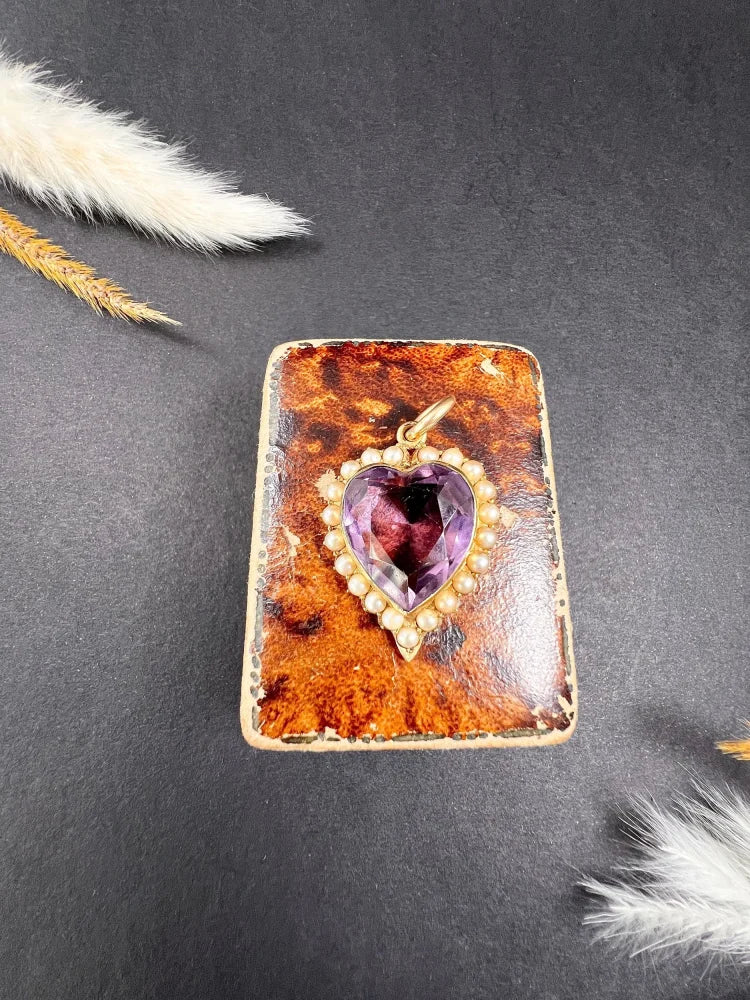 Antique Amethyst And Pearl Heart Pendant In 15 Carat Yellow Gold