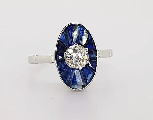 Art Deco Style Sapphire and Old Cut Diamond Oval Cluster Ring
