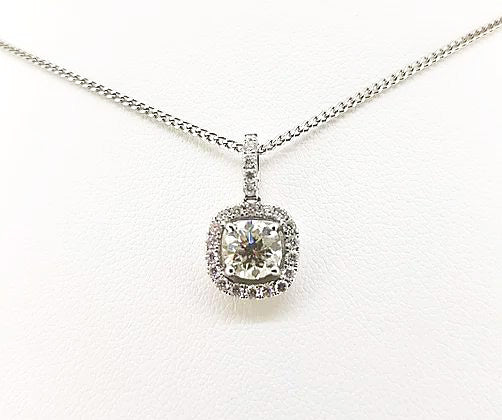 Cushion-Cut Diamond Cluster Pendant; cushion-cut 0.95ct diamond surrounded by halo of round-cut diamonds and diamond-set bale, 1.35ct total, 18ct white gold