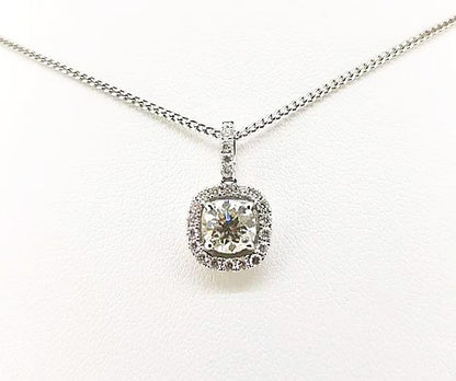 Cushion-Cut Diamond Cluster Pendant; cushion-cut 0.95ct diamond surrounded by halo of round-cut diamonds and diamond-set bale, 1.35ct total, 18ct white gold