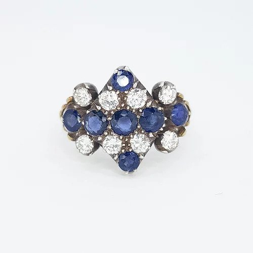 Antique Victorian Sapphire and Diamond Checkerboard Cluster Ring; diamond shaped mount set with sapphires and diamonds in checkerboard design, matching gem set shoulders, on 18ct yellow gold shank