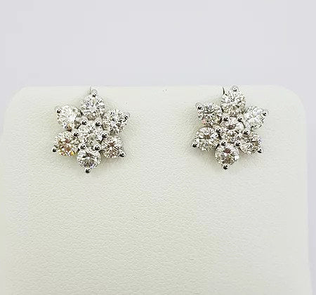 Diamond Floral Cluster Stud Earrings; central brilliant-cut diamond surrounded by six diamond petals, 2.00 carats, claw set, 18ct white gold