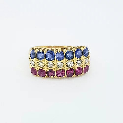 Ruby, Sapphire and Diamond Three Row Ring; central horizontal row of diamonds flanked by a row of sapphires and a row of rubies, in 18ct yellow gold