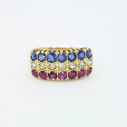 Ruby, Sapphire and Diamond Three Row Ring; central horizontal row of diamonds flanked by a row of sapphires and a row of rubies, in 18ct yellow gold