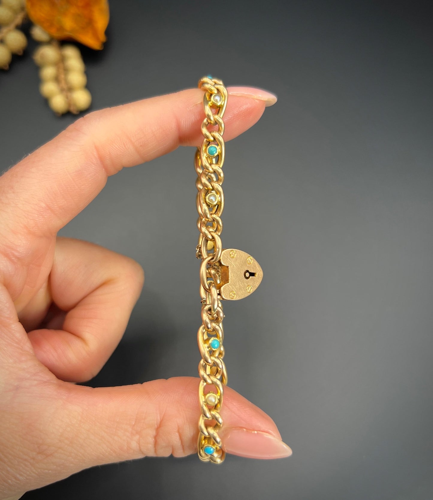 Victorian 15 Carat Yellow Gold Curb Link Turquoise and Pearl Bracelet with Heart Padlock