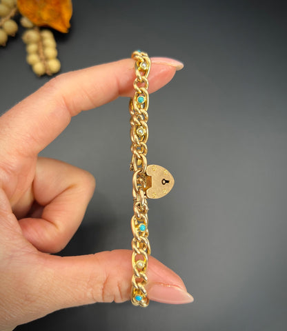 Victorian 15 Carat Yellow Gold Curb Link Turquoise and Pearl Bracelet with Heart Padlock