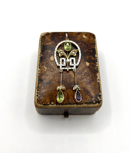 Antique 9ct Gold, Edwardian Amethyst, Peridot, Seed Pearl & Enamel Suffragette Pendant