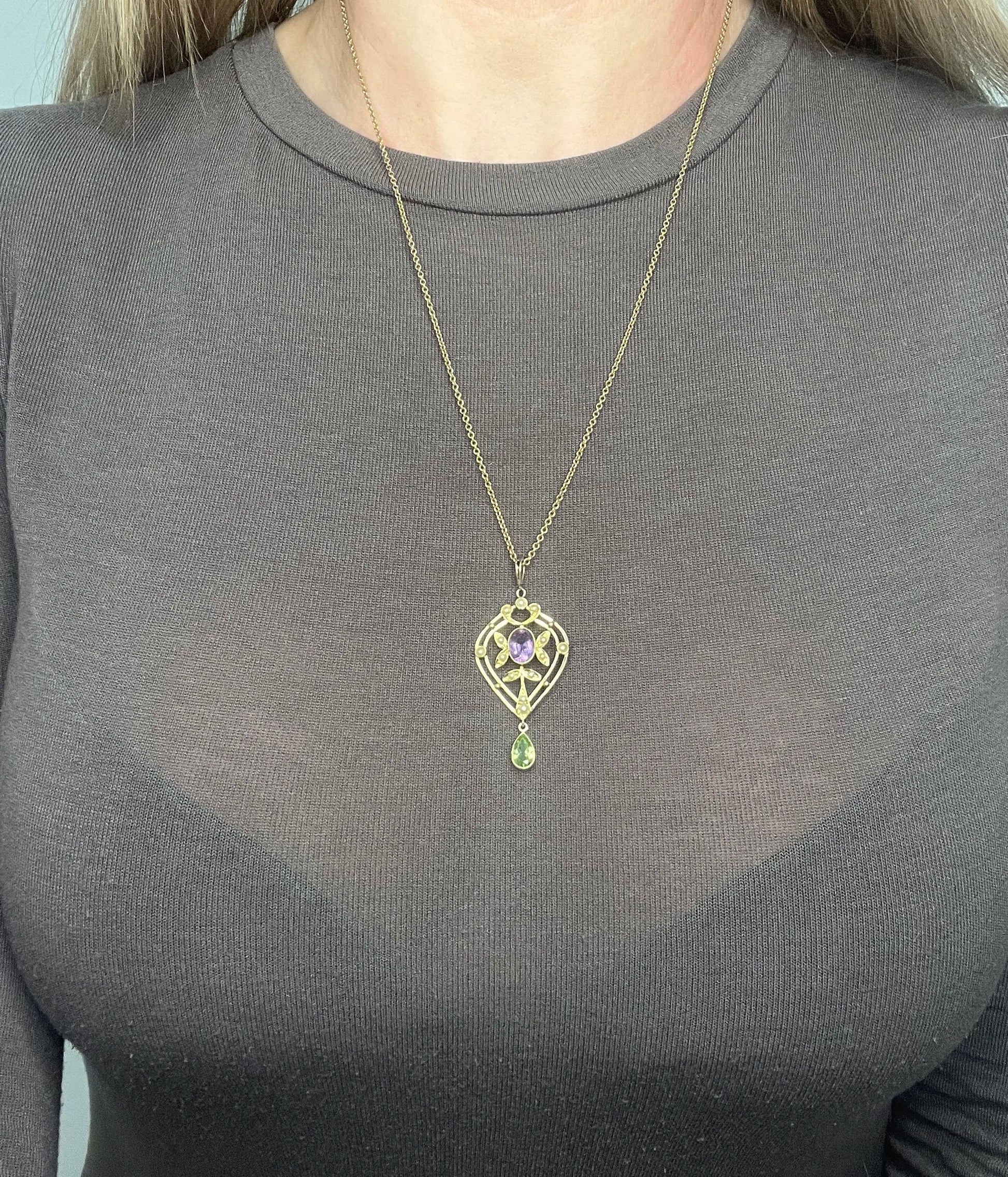 Antique 15 ct Gold Authentic Edwardian Suffragette Pendant set with Amethyst, Peridot And Seed Pearls