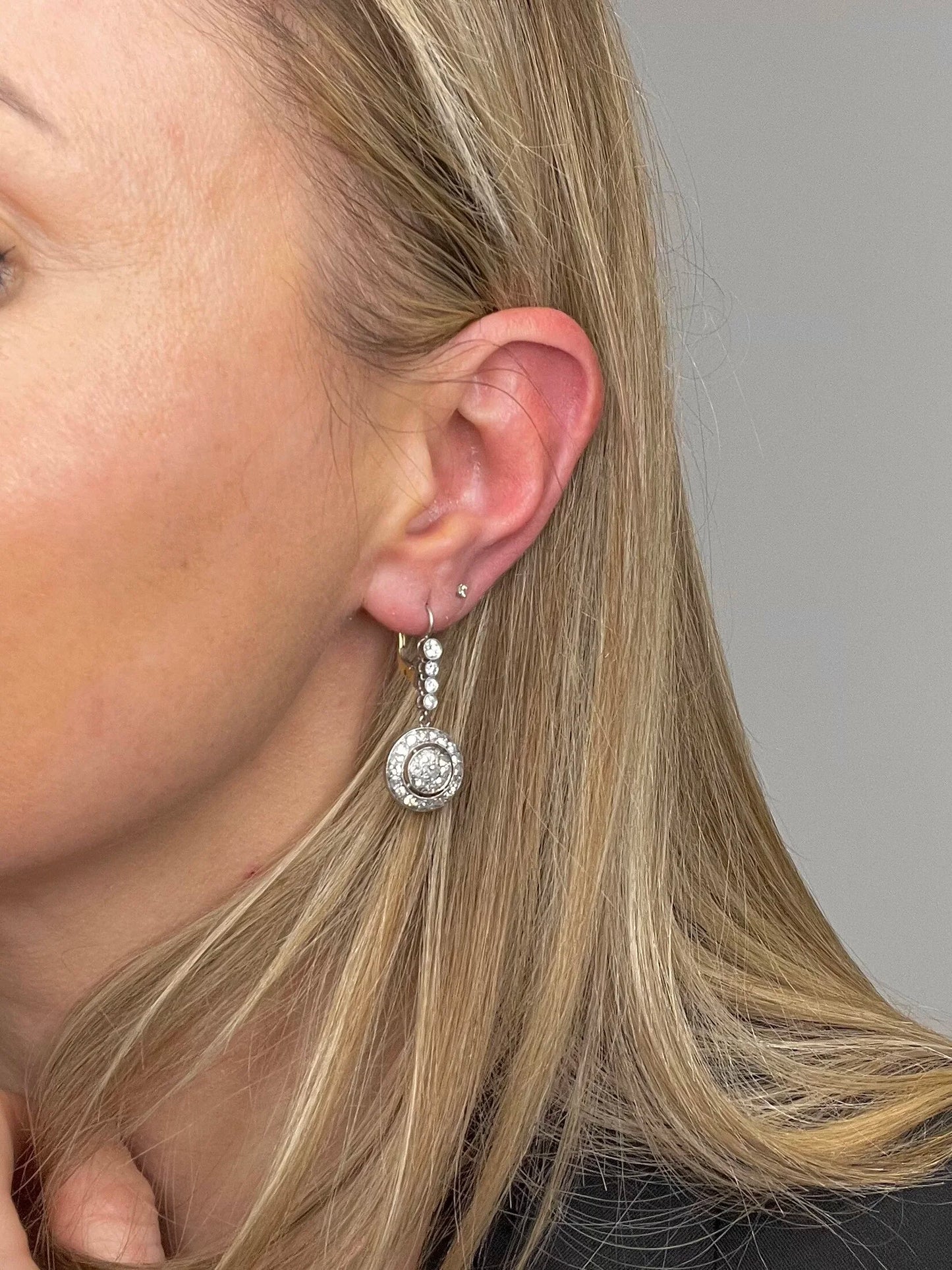 Antique 18 Carat Gold and Platinum Edwardian Diamond Circlet Drop Earrings, Circa 1910