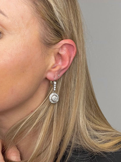 Antique 18 Carat Gold and Platinum Edwardian Diamond Circlet Drop Earrings, Circa 1910