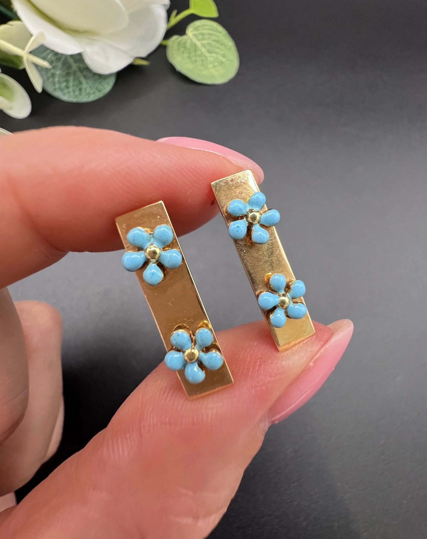 Antique 14 ct Gold, 1920's Cartier Turquoise Enamel Forget Me Not Collar Pins