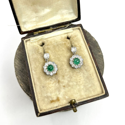 Vintage 1940s Cabochon Emerald and Diamond Daisy Cluster Drop Earrings