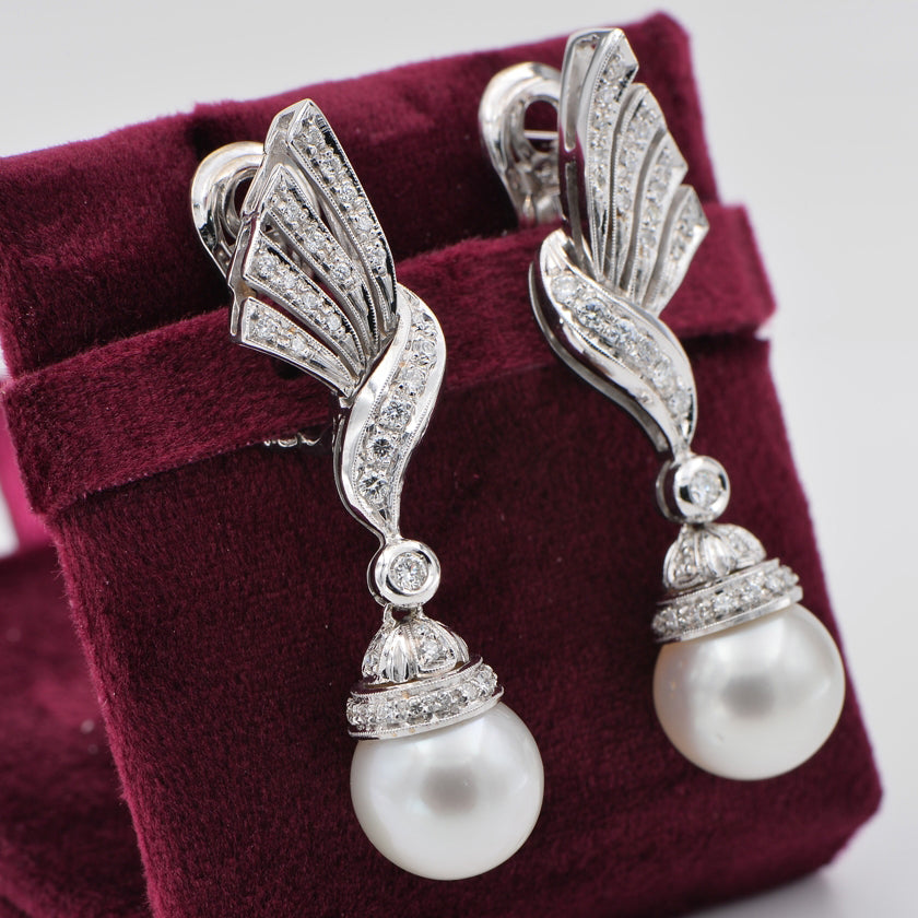 Vintage Pearl and Diamond Spray Drop Earrings