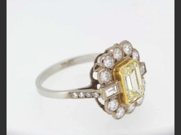 Emerald Cut Yellow Diamond Cluster Ring, 2.61ct total, 18ct White Gold