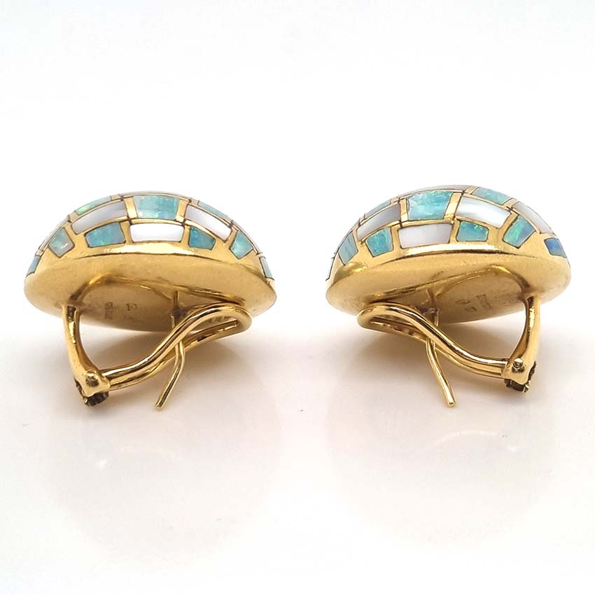Tiffany and Co Opal and Mother of Pearl Set 18ct Yellow Gold Domed Disc Earrings with post and clip fittings