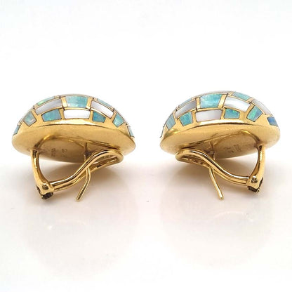 Tiffany and Co Opal and Mother of Pearl Set 18ct Yellow Gold Domed Disc Earrings with post and clip fittings