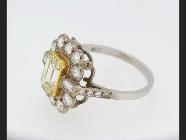 Emerald Cut Yellow Diamond Cluster Ring, 2.61ct total, 18ct White Gold