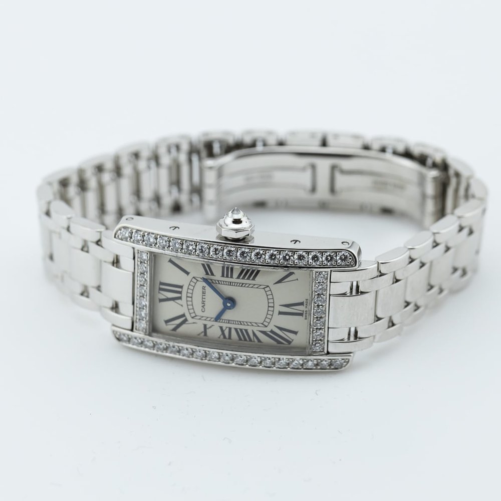 Cartier Tank Americaine 2489 White Gold Watch with Factory Diamonds and Cartier Service