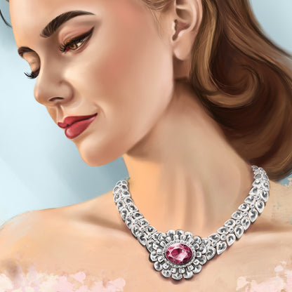 Exceptional Exceptional 9.08ct Rubelite and Rose Cut Diamond Necklace, 67.09 caratsRubelite and Rose Cut Diamond Flower Collar Necklace, 36.39 carat total