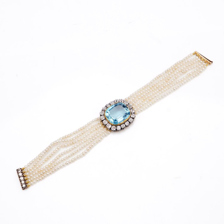 Antique Aquamarine and Diamond Cluster Pearl Bracelet