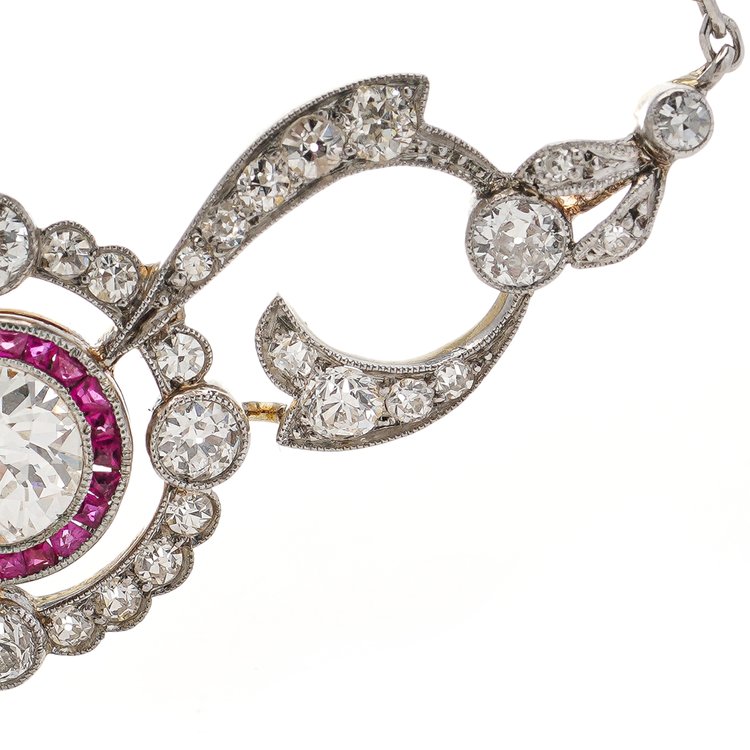 Antique Edwardian French 2.24ct Old Cut Diamond Necklace with Rubies