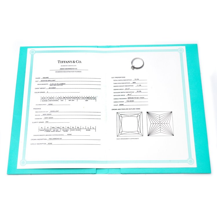 Tiffany and Co 0.39ct Princess Cut Diamond Solitaire Engagement Ring in Platinum, with box and certificate