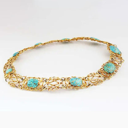 Antique Art Nouveau Iranian Turquoise and 14ct Yellow Gold Wire Choker Necklace