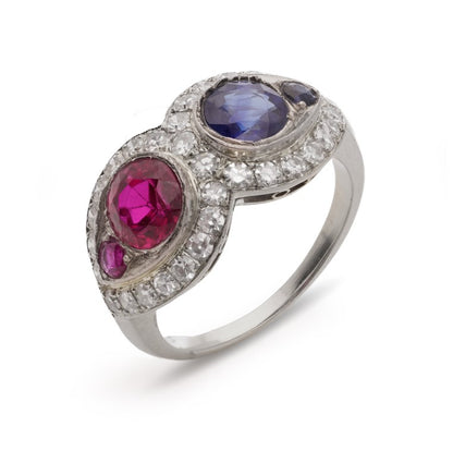 Ruby Sapphire and Diamond Two Stone Double Cluster Ring