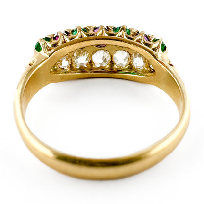 Vintage Suffragette Old Cut Diamond Emerald and Amethyst Double Row Half Hoop Ring in 18ct Yellow Gold