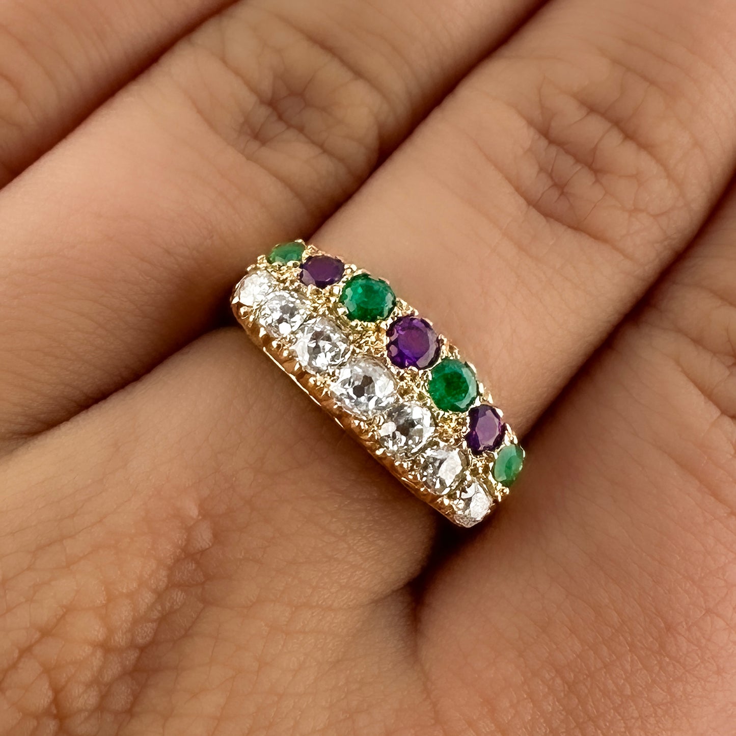 Vintage Suffragette Old Cut Diamond Emerald and Amethyst Double Row Half Hoop Ring in 18ct Yellow Gold