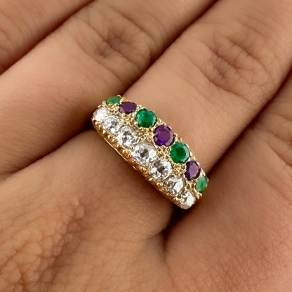 Vintage Suffragette Old Cut Diamond Emerald and Amethyst Double Row Half Hoop Ring in 18ct Yellow Gold