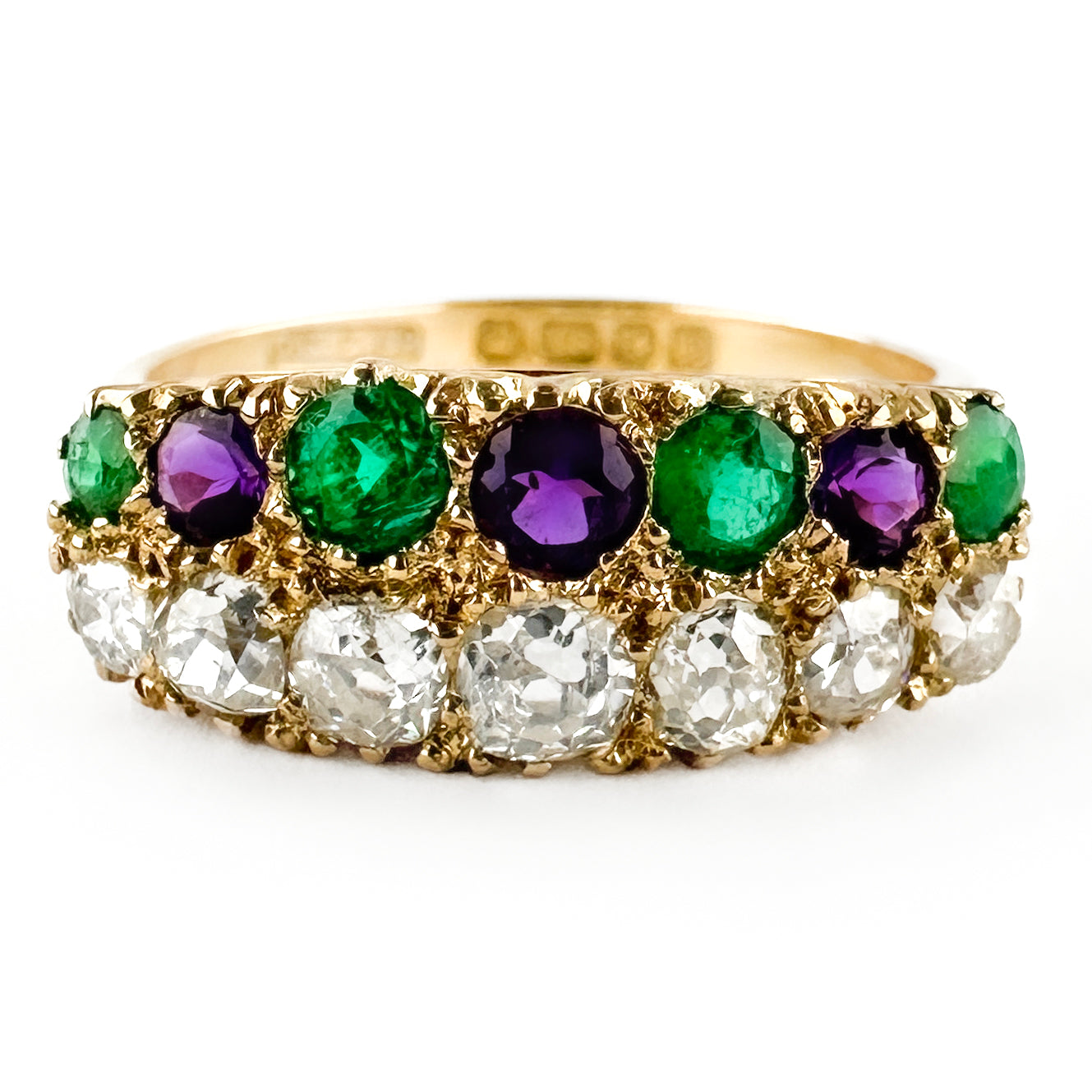 Vintage Suffragette Diamond Emerald and Amethyst Double Row Half Hoop Ring