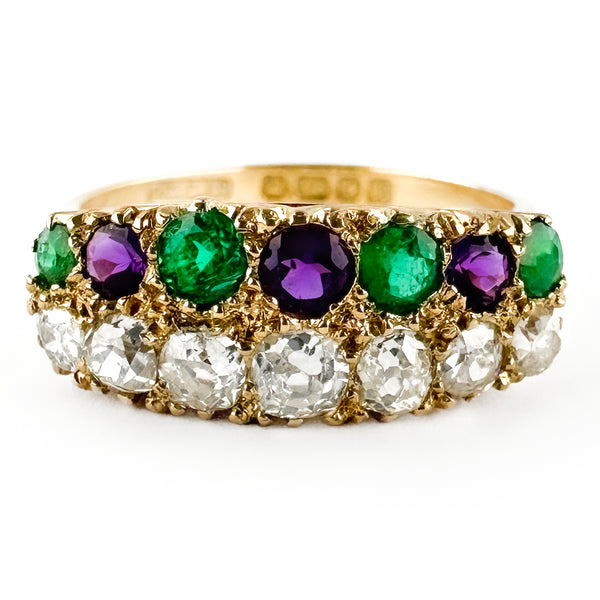 Vintage Suffragette Diamond Emerald and Amethyst Double Row Half Hoop Ring