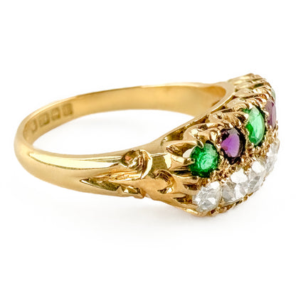 Vintage Suffragette Old Cut Diamond Emerald and Amethyst Double Row Half Hoop Ring in 18ct Yellow Gold