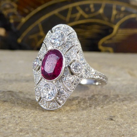 Art Deco Style Ruby and Diamond Navette Plaque Ring, 1.50cts, Platinum