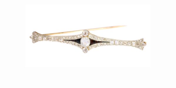 Vintage Art Deco Rose Cut Diamond and Onyx Bar Brooch, 18ct Gold