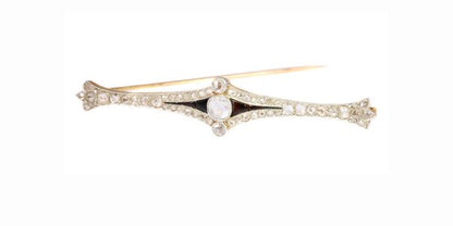 Vintage Art Deco Rose Cut Diamond and Onyx Bar Brooch, 18ct Gold