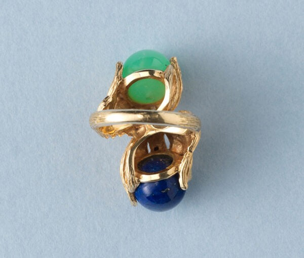 Vintage Calcedony, Lapis Lazuli and 18ct Gold Dress Ring, two textured leaves holding a lapis lazuli and green calcedony ball, Signed Georg Lauer, Circa 1960-1970.