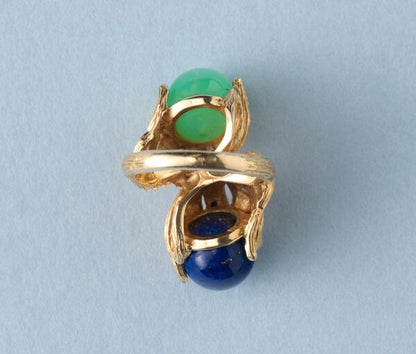 Vintage Calcedony, Lapis Lazuli and 18ct Gold Dress Ring, two textured leaves holding a lapis lazuli and green calcedony ball, Signed Georg Lauer, Circa 1960-1970.
