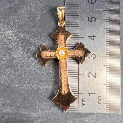 French 18ct Rose Gold Cross Pendant with Natural Pearl