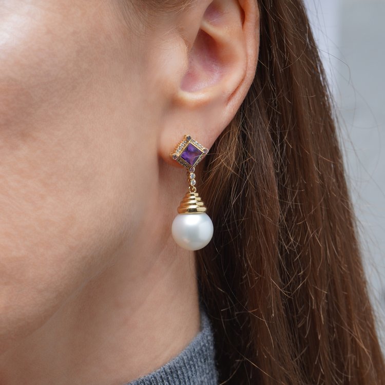 Vintage Amethyst and Pearl Drop Earrings with Diamonds
