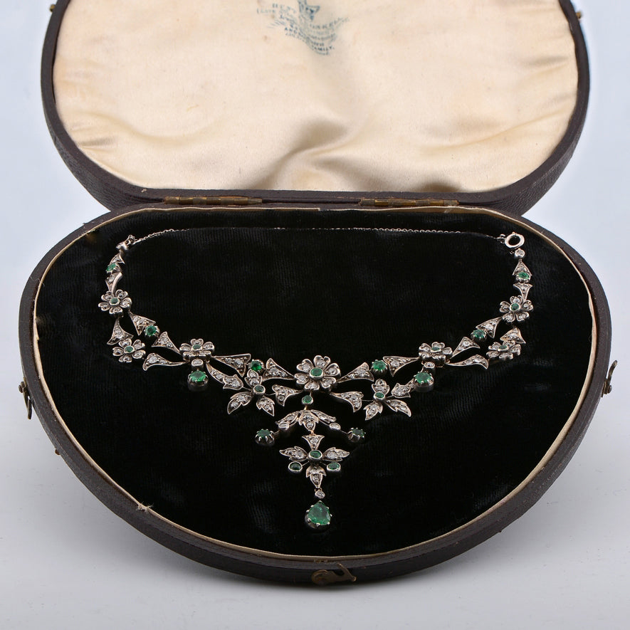 Victorian Antique Emerald and Diamond Floral Cluster Necklace in original antique fitted box