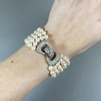 Vintage Five Row Pearl Bracelet with 2ct Diamond set Clasp