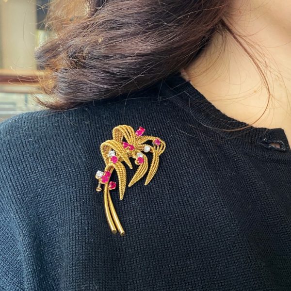 Vintage Boucheron Ruby, Diamond and Gold Floral Spray Brooch, Circa 1960