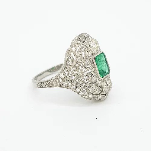 Colombian Emerald, Diamond and Platinum Openwork Plaque Ring