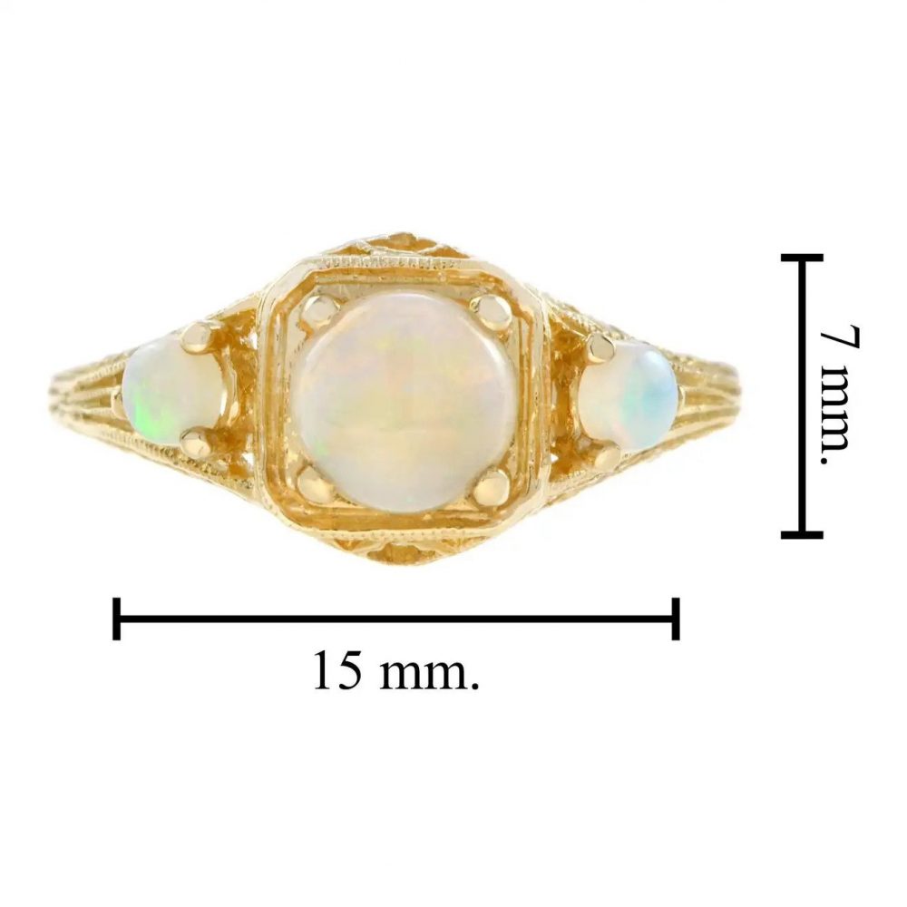 Opal Three Stone Filigree Ring in Yellow Gold