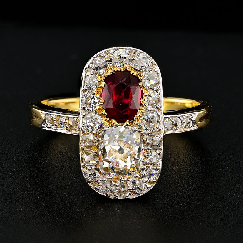 Edwardian Antique Natural No Heat Ruby and Old Mine Cut Diamond Two Stone Cluster Plaque Ring in Platinum and 18ct Yellow Gold