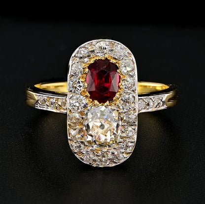 Edwardian Antique Natural No Heat Ruby and Old Mine Cut Diamond Two Stone Cluster Plaque Ring in Platinum and 18ct Yellow Gold