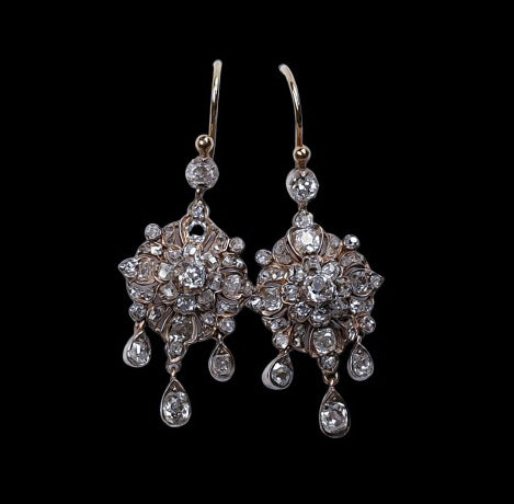Antique Old Mine Cut Diamond Cluster Drop Earrings; set with 3cts of old mine cut diamonds in a Tudor rose cluster design with three cascading diamond drops, Circa 1840