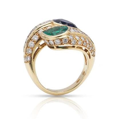 Vintage Pear Cut Sapphire Emerald Two Stone Crossover Ring with Diamonds